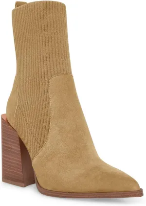 Womens Chunky Stacked Heel Ankle Boots Pointed Toe Booties Slip On Ribbed Knit Sock Boot