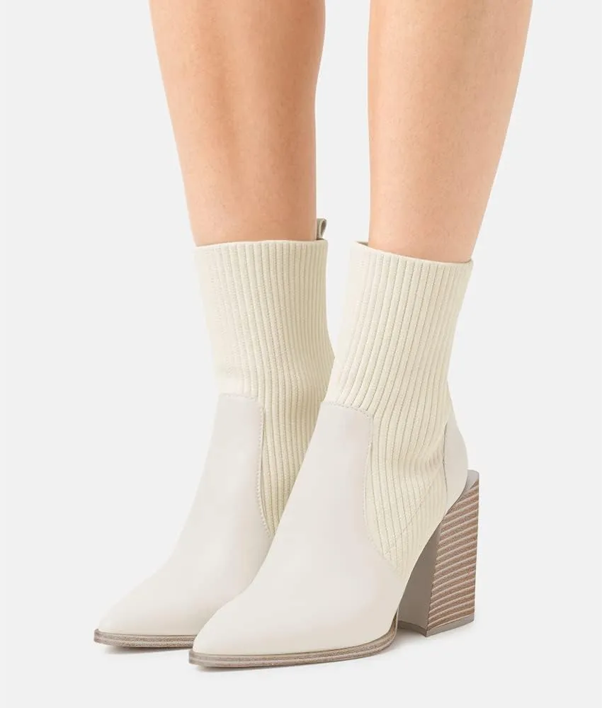 Womens Chunky Stacked Heel Ankle Boots Pointed Toe Booties Slip On Ribbed Knit Sock Boot