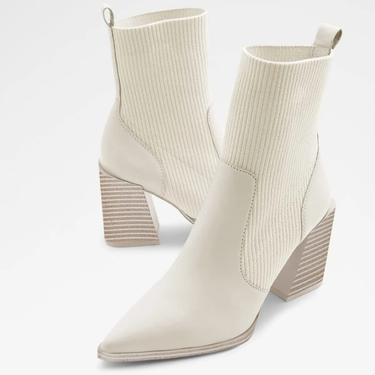 Womens Chunky Stacked Heel Ankle Boots Pointed Toe Booties Slip On Ribbed Knit Sock Boot
