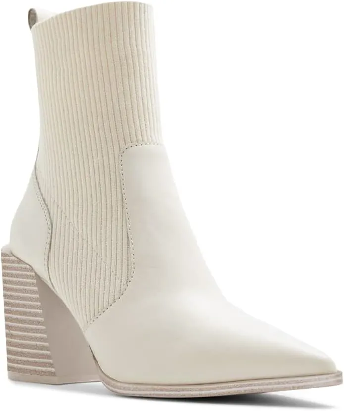 Womens Chunky Stacked Heel Ankle Boots Pointed Toe Booties Slip On Ribbed Knit Sock Boot