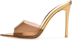 Women's Clear Pointed Open Toe Stiletto Heel Slide Sandals Slip On Transparent Strap High Heels Mules 4.72 Inches Summer Backless Party Wedding Prom Dress Shoes