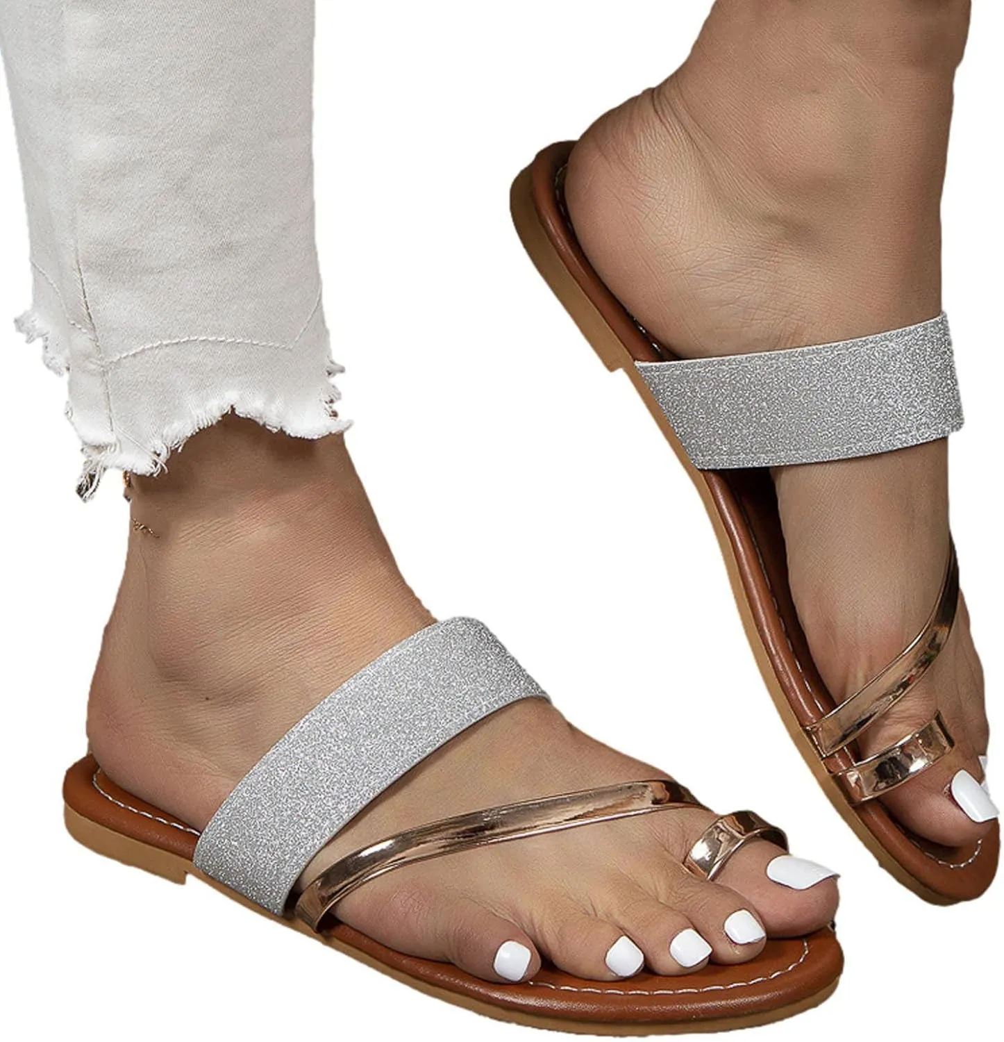 Women's Colorblock Stylish Elegant Sandal Toe Ring Trendy Flat Slipper Vacation Slip on Durable Slippers