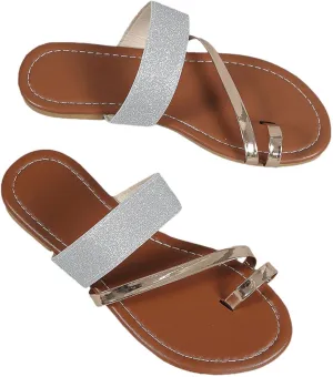 Women's Colorblock Stylish Elegant Sandal Toe Ring Trendy Flat Slipper Vacation Slip on Durable Slippers