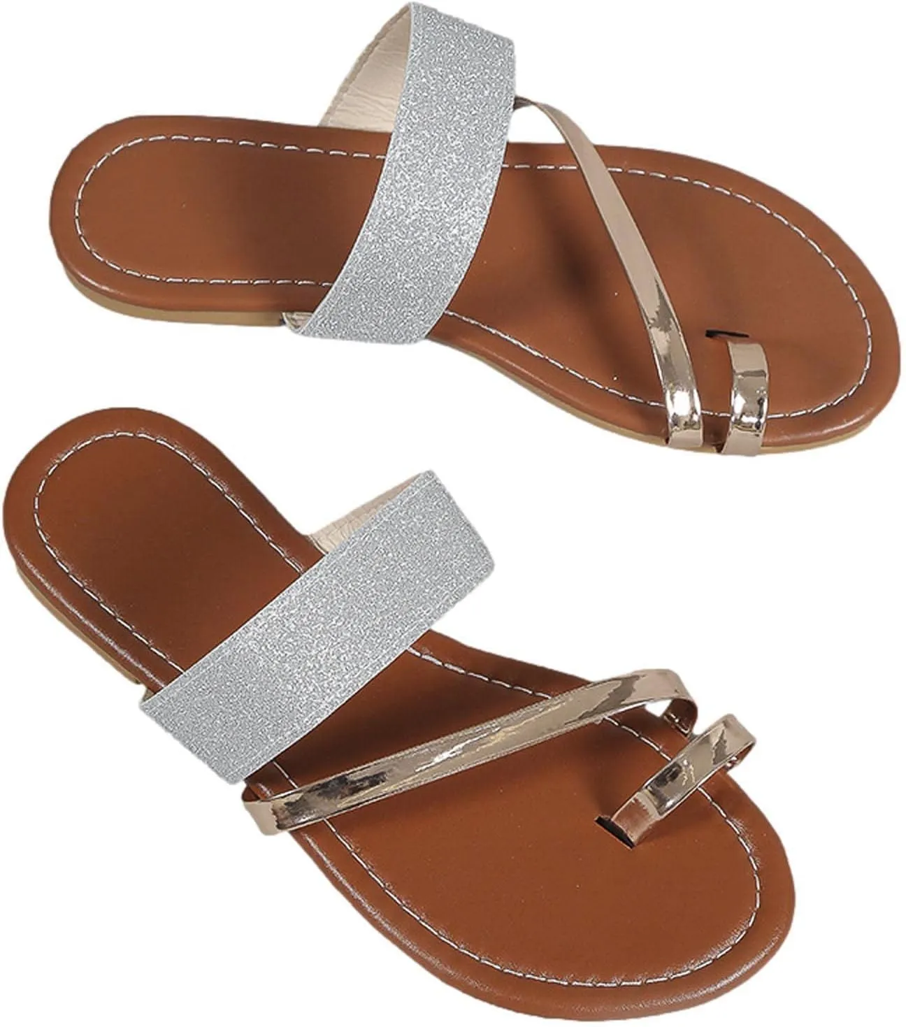 Women's Colorblock Stylish Elegant Sandal Toe Ring Trendy Flat Slipper Vacation Slip on Durable Slippers