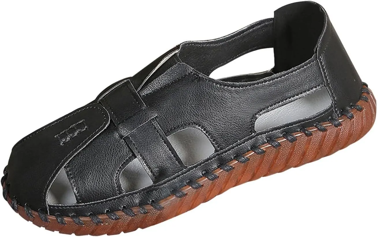 Womens Comfortable Flat Sandals Closed Toe Leather Cutout Hook and Loop Soft Sole Slip On Loafers Fashion Hand Stitched Beach Walking Sandal Casual Summer Outdoor