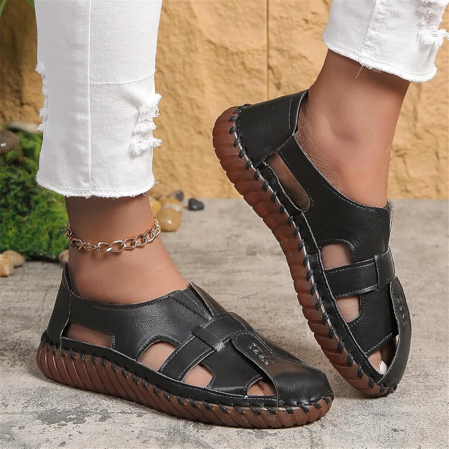 Womens Comfortable Flat Sandals Closed Toe Leather Cutout Hook and Loop Soft Sole Slip On Loafers Fashion Hand Stitched Beach Walking Sandal Casual Summer Outdoor