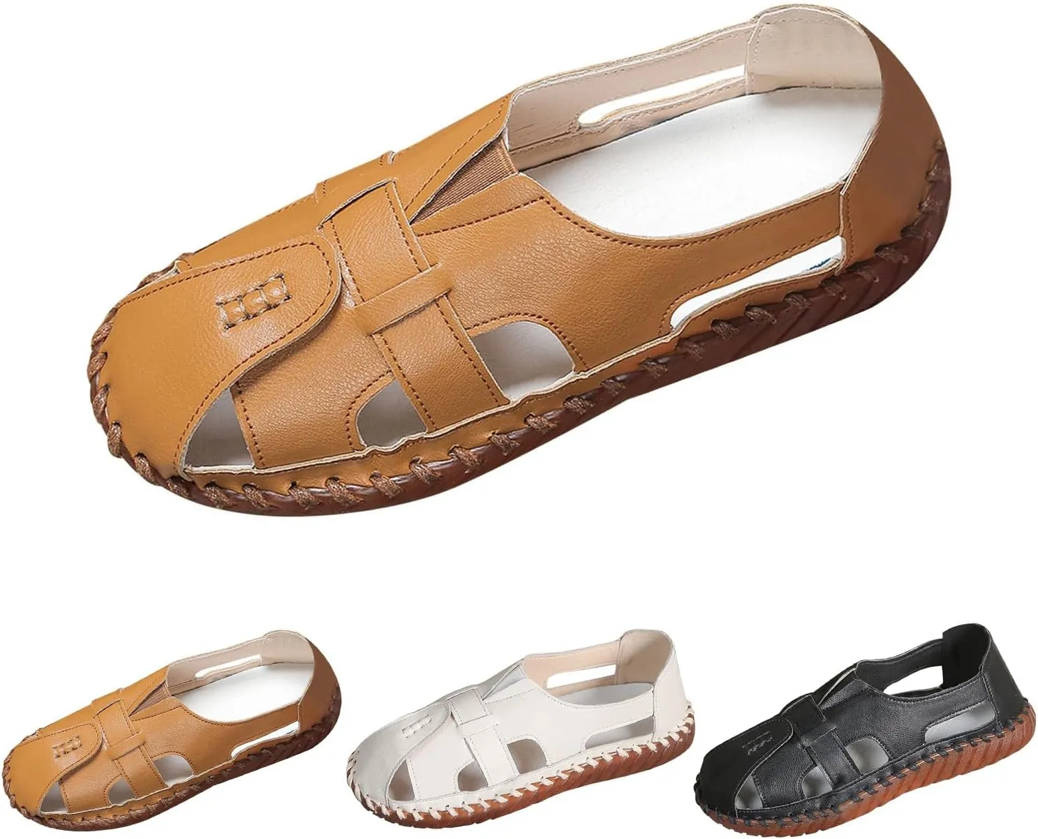 Womens Comfortable Flat Sandals Closed Toe Leather Cutout Hook and Loop Soft Sole Slip On Loafers Fashion Hand Stitched Beach Walking Sandal Casual Summer Outdoor