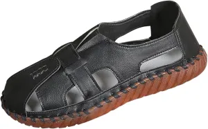 Womens Comfortable Flat Sandals Closed Toe Leather Cutout Hook and Loop Soft Sole Slip On Loafers Fashion Hand Stitched Beach Walking Sandal Casual Summer Outdoor