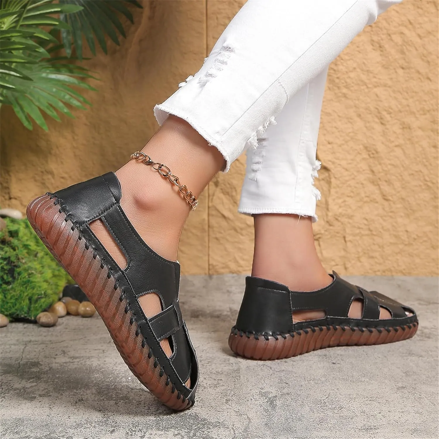 Womens Comfortable Flat Sandals Closed Toe Leather Cutout Hook and Loop Soft Sole Slip On Loafers Fashion Hand Stitched Beach Walking Sandal Casual Summer Outdoor