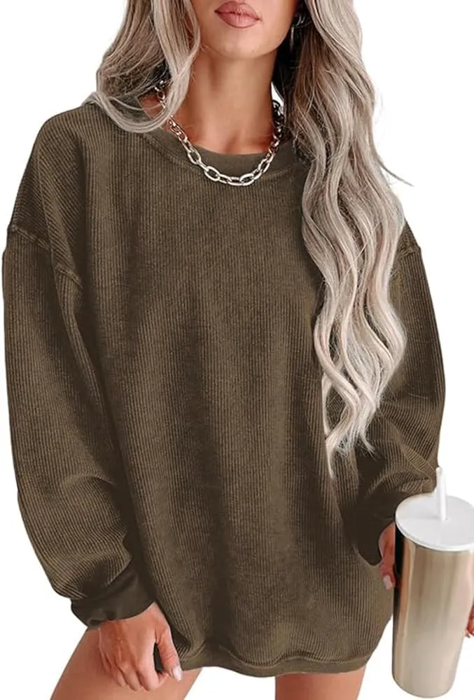 Womens Crewneck Oversized Corduroy Corded Sweatshirt Casual Long Sleeve Trendy Pullover Comfy Tops