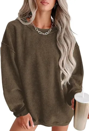Womens Crewneck Oversized Corduroy Corded Sweatshirt Casual Long Sleeve Trendy Pullover Comfy Tops