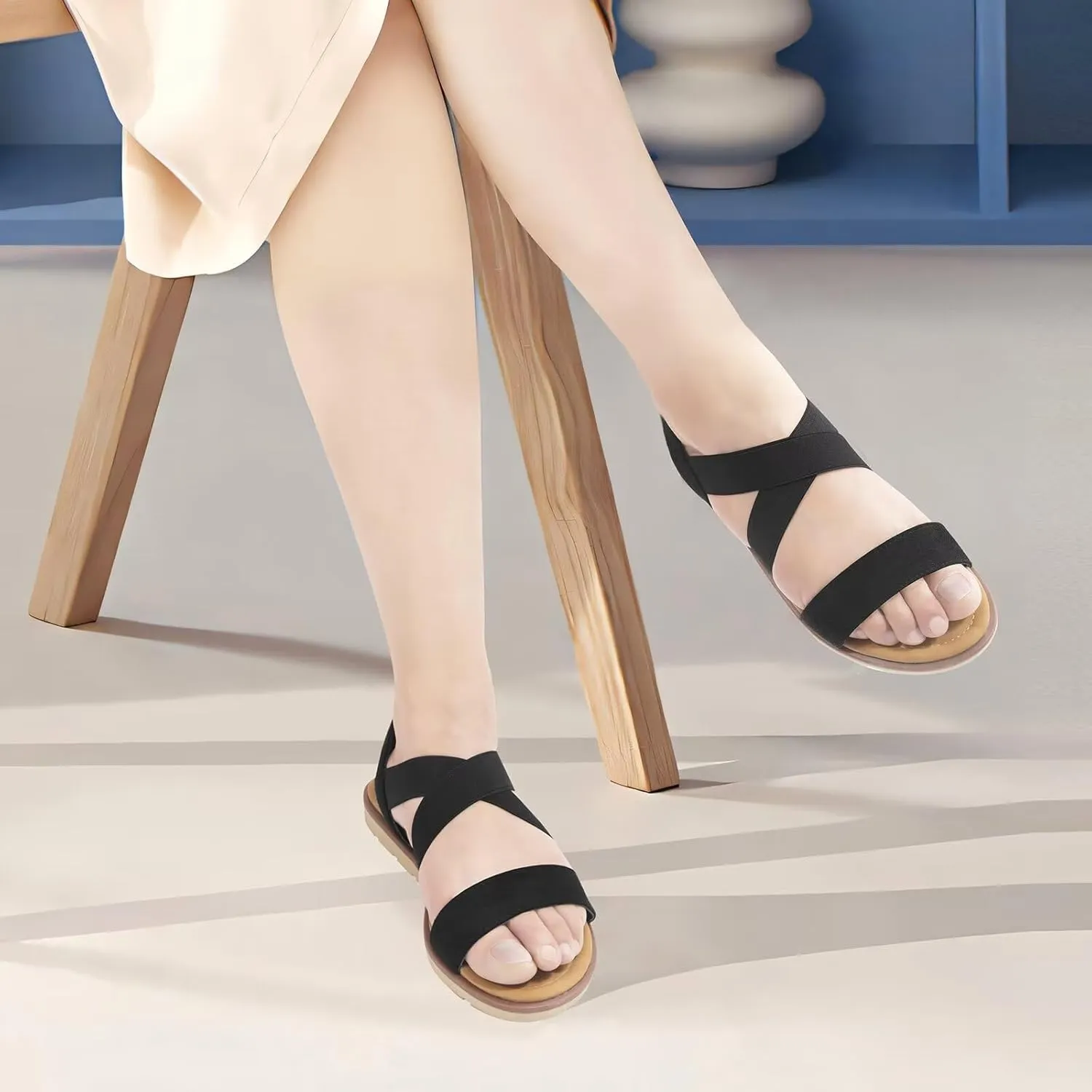 Women's Elastic Flat Sandals - Comfort Open Toe Elastic ankle strap Slip on Casual Walking Summer Shoes