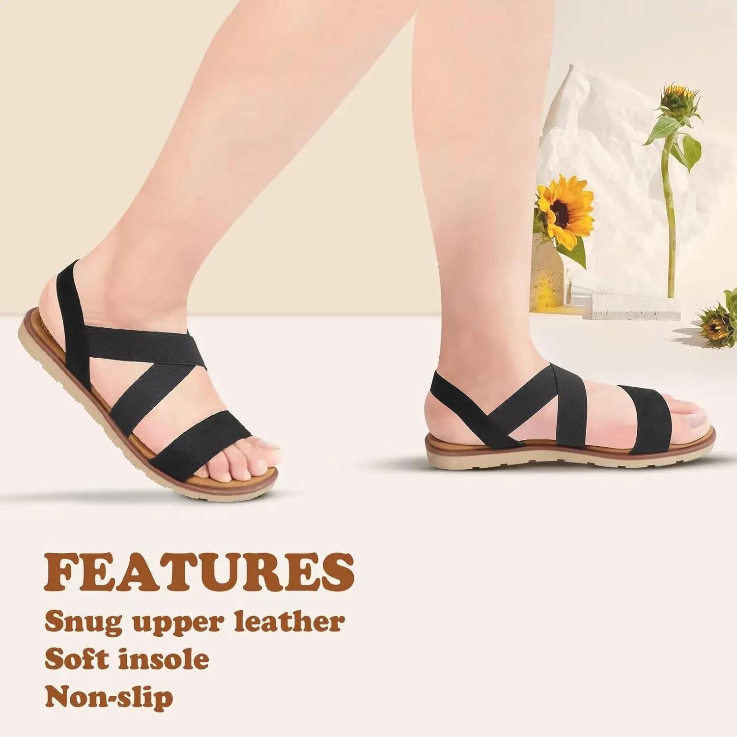 Women's Elastic Flat Sandals - Comfort Open Toe Elastic ankle strap Slip on Casual Walking Summer Shoes