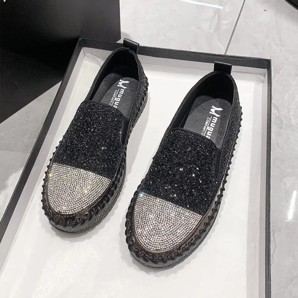 Women's Fashion Rhinestone Slip On Sneakers Casual Comfort Platform Walking Shoes Cute Bowknot Glitter Bling Loafers