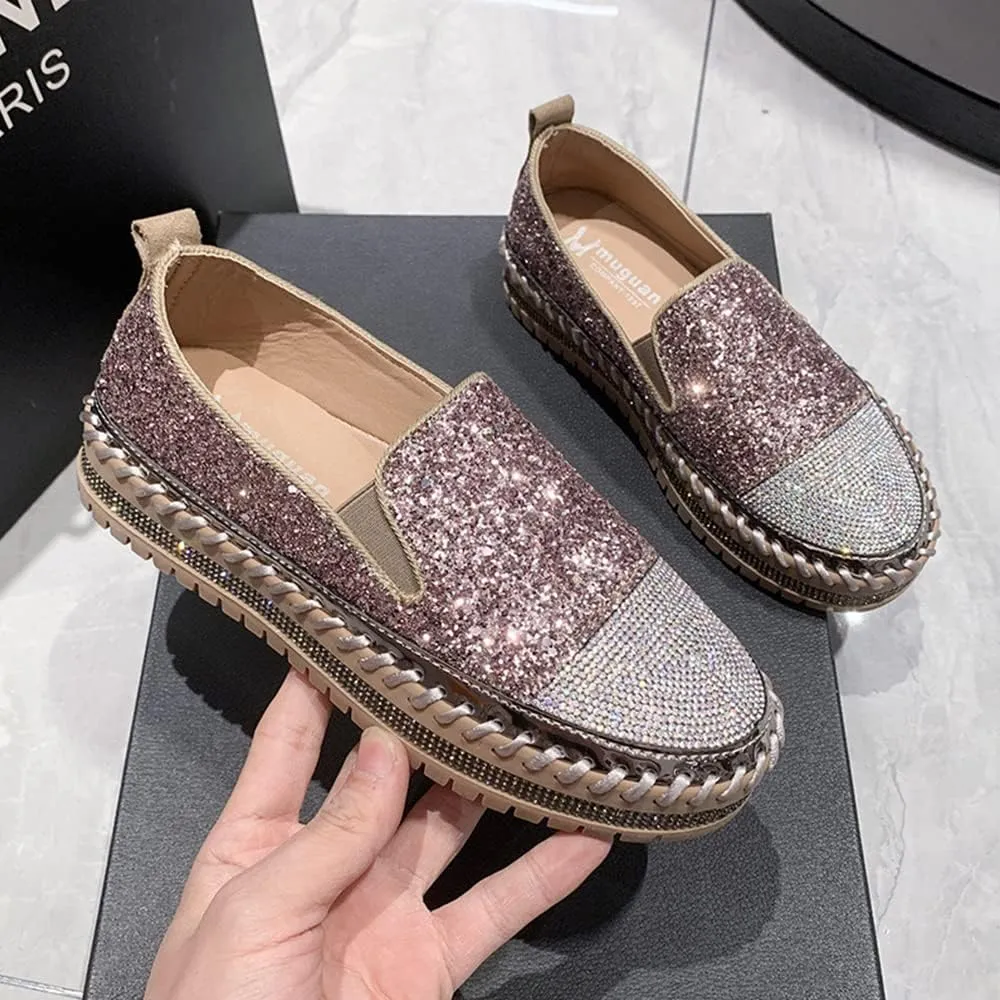 Women's Fashion Rhinestone Slip On Sneakers Casual Comfort Platform Walking Shoes Cute Bowknot Glitter Bling Loafers