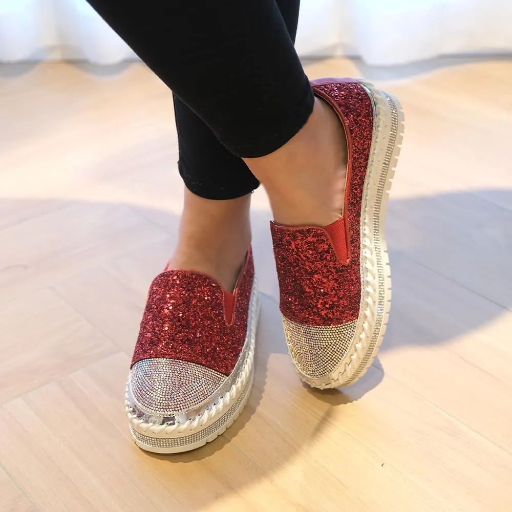 Women's Fashion Rhinestone Slip On Sneakers Casual Comfort Platform Walking Shoes Cute Bowknot Glitter Bling Loafers