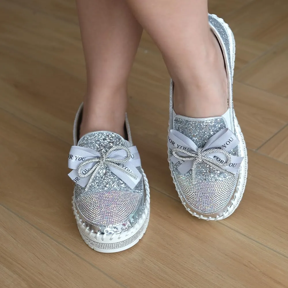 Women's Fashion Rhinestone Slip On Sneakers Casual Comfort Platform Walking Shoes Cute Bowknot Glitter Bling Loafers
