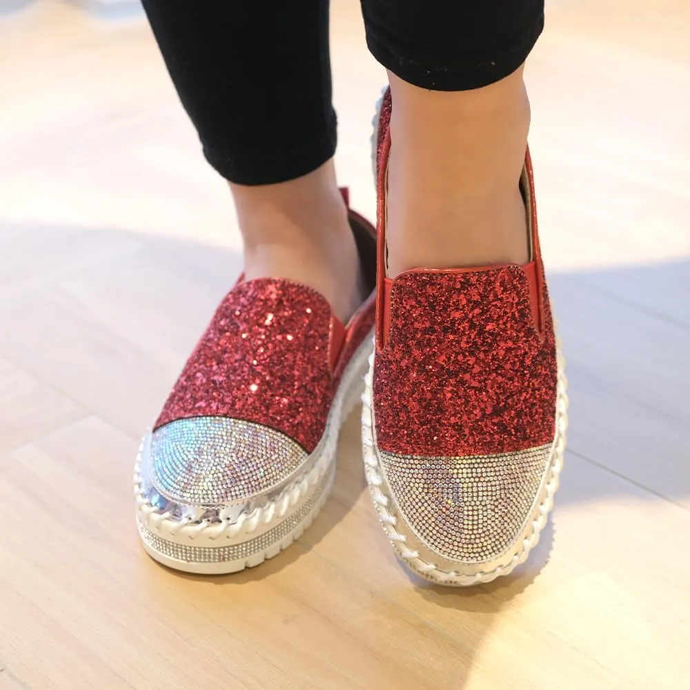 Women's Fashion Rhinestone Slip On Sneakers Casual Comfort Platform Walking Shoes Cute Bowknot Glitter Bling Loafers