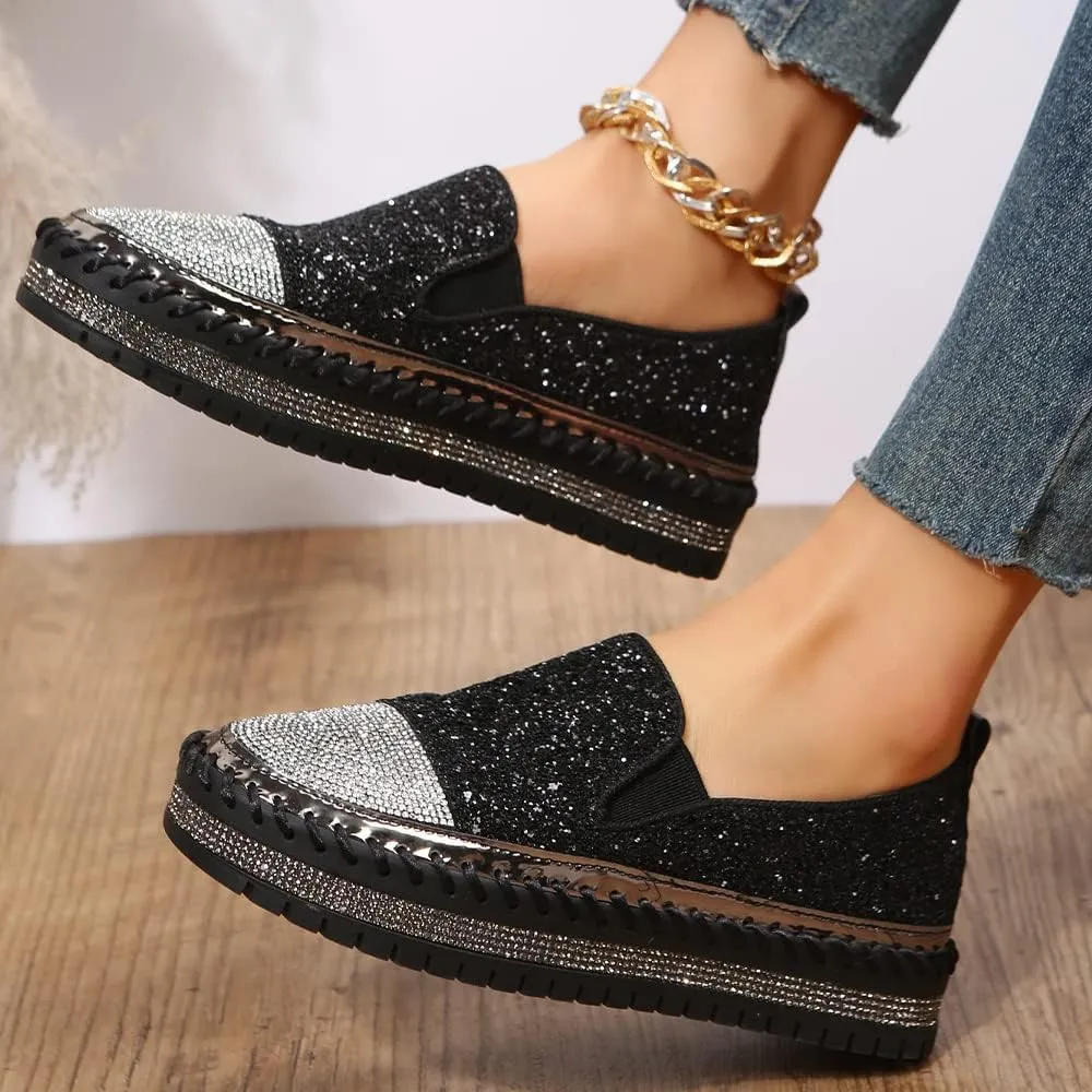 Women's Fashion Rhinestone Slip On Sneakers Casual Comfort Platform Walking Shoes Cute Bowknot Glitter Bling Loafers