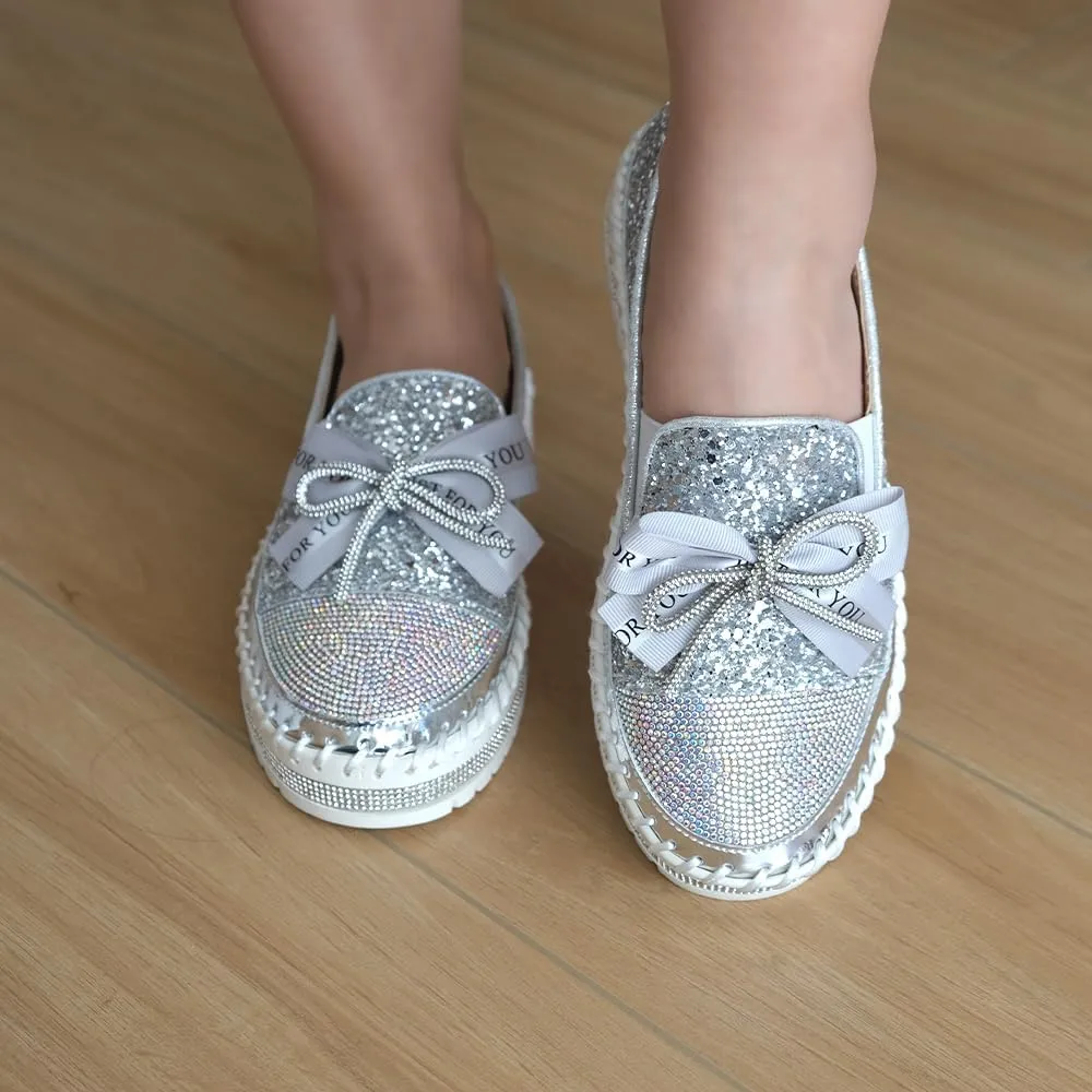 Women's Fashion Rhinestone Slip On Sneakers Casual Comfort Platform Walking Shoes Cute Bowknot Glitter Bling Loafers