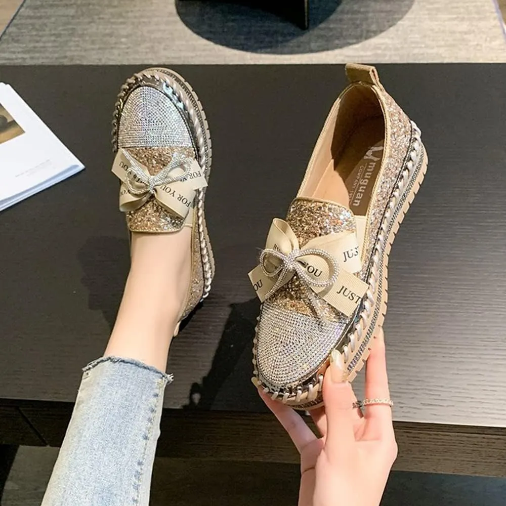 Women's Fashion Rhinestone Slip On Sneakers Casual Comfort Platform Walking Shoes Cute Bowknot Glitter Bling Loafers