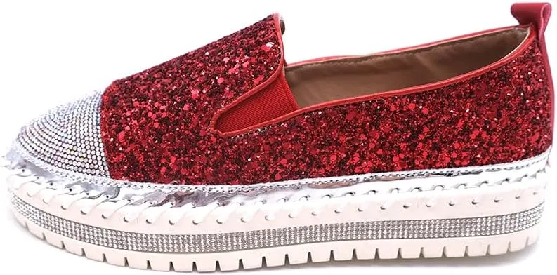 Women's Fashion Rhinestone Slip On Sneakers Casual Comfort Platform Walking Shoes Cute Bowknot Glitter Bling Loafers
