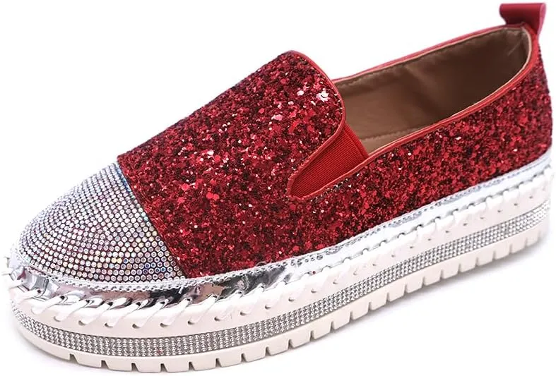Women's Fashion Rhinestone Slip On Sneakers Casual Comfort Platform Walking Shoes Cute Bowknot Glitter Bling Loafers
