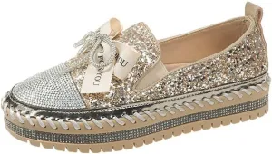 Women's Fashion Rhinestone Slip On Sneakers Casual Comfort Platform Walking Shoes Cute Bowknot Glitter Bling Loafers