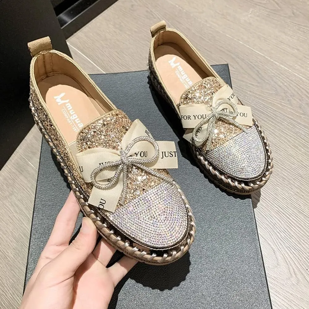 Women's Fashion Rhinestone Slip On Sneakers Casual Comfort Platform Walking Shoes Cute Bowknot Glitter Bling Loafers