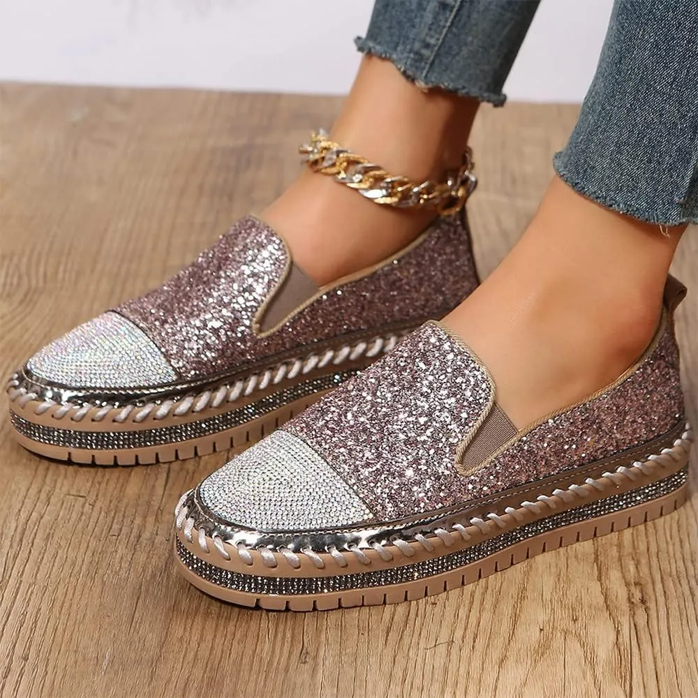 Women's Fashion Rhinestone Slip On Sneakers Casual Comfort Platform Walking Shoes Cute Bowknot Glitter Bling Loafers