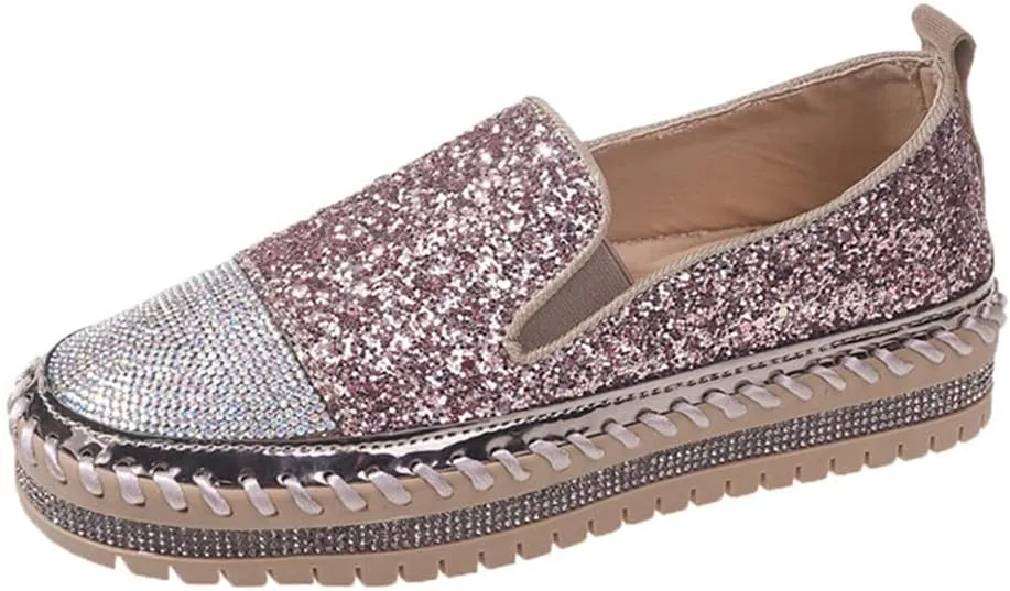 Women's Fashion Rhinestone Slip On Sneakers Casual Comfort Platform Walking Shoes Cute Bowknot Glitter Bling Loafers