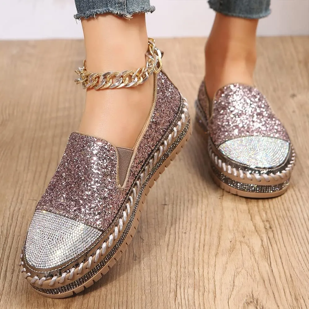 Women's Fashion Rhinestone Slip On Sneakers Casual Comfort Platform Walking Shoes Cute Bowknot Glitter Bling Loafers