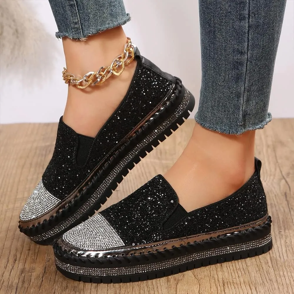 Women's Fashion Rhinestone Slip On Sneakers Casual Comfort Platform Walking Shoes Cute Bowknot Glitter Bling Loafers