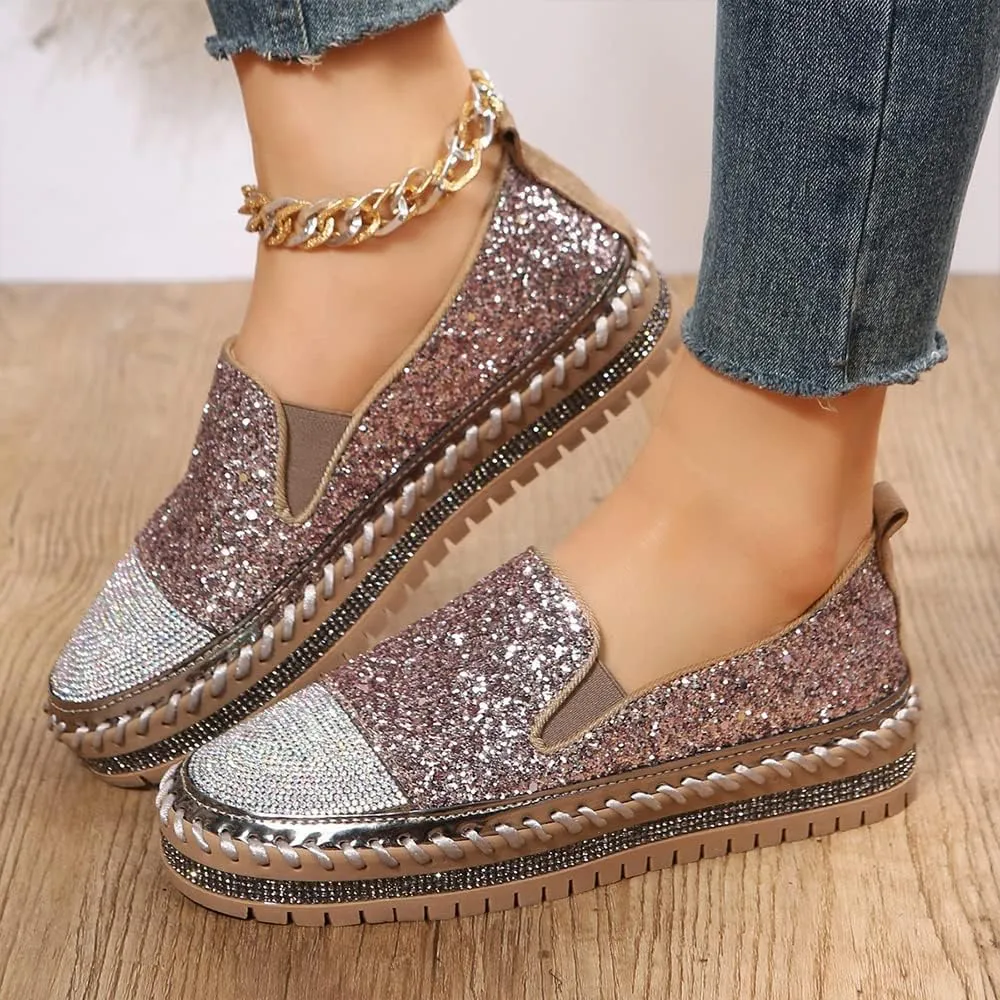 Women's Fashion Rhinestone Slip On Sneakers Casual Comfort Platform Walking Shoes Cute Bowknot Glitter Bling Loafers