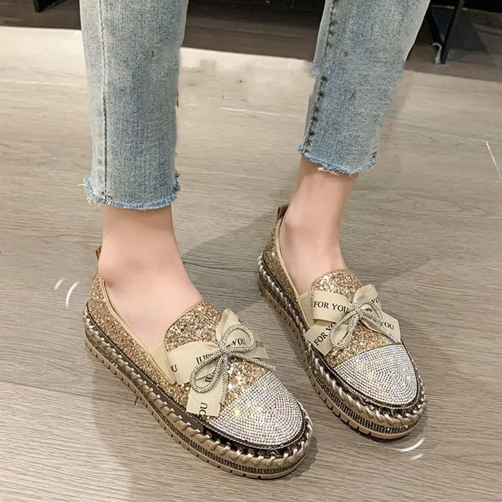 Women's Fashion Rhinestone Slip On Sneakers Casual Comfort Platform Walking Shoes Cute Bowknot Glitter Bling Loafers