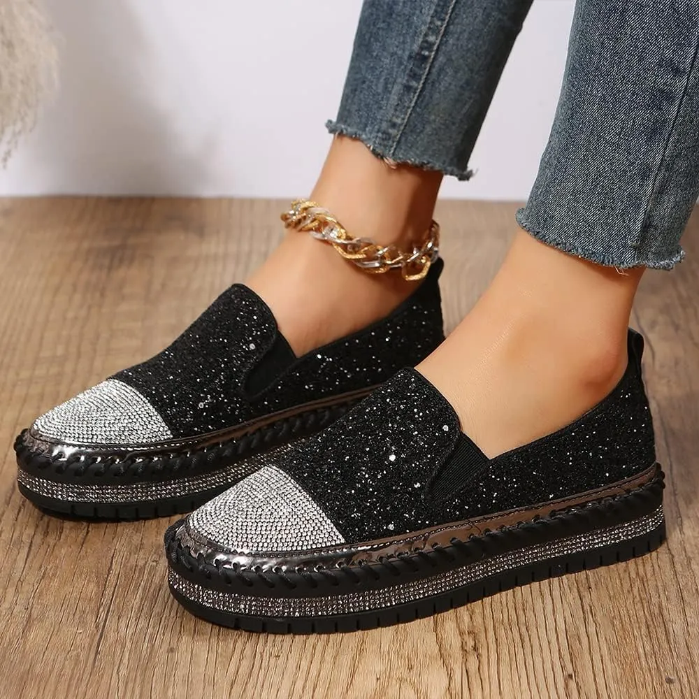 Women's Fashion Rhinestone Slip On Sneakers Casual Comfort Platform Walking Shoes Cute Bowknot Glitter Bling Loafers