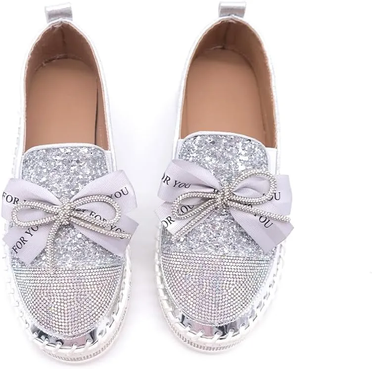 Women's Fashion Rhinestone Slip On Sneakers Casual Comfort Platform Walking Shoes Cute Bowknot Glitter Bling Loafers