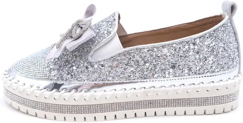 Women's Fashion Rhinestone Slip On Sneakers Casual Comfort Platform Walking Shoes Cute Bowknot Glitter Bling Loafers