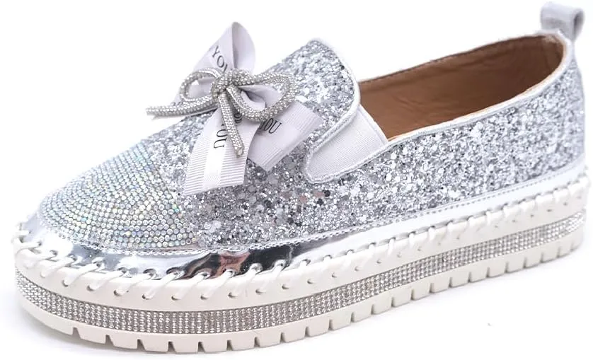 Women's Fashion Rhinestone Slip On Sneakers Casual Comfort Platform Walking Shoes Cute Bowknot Glitter Bling Loafers