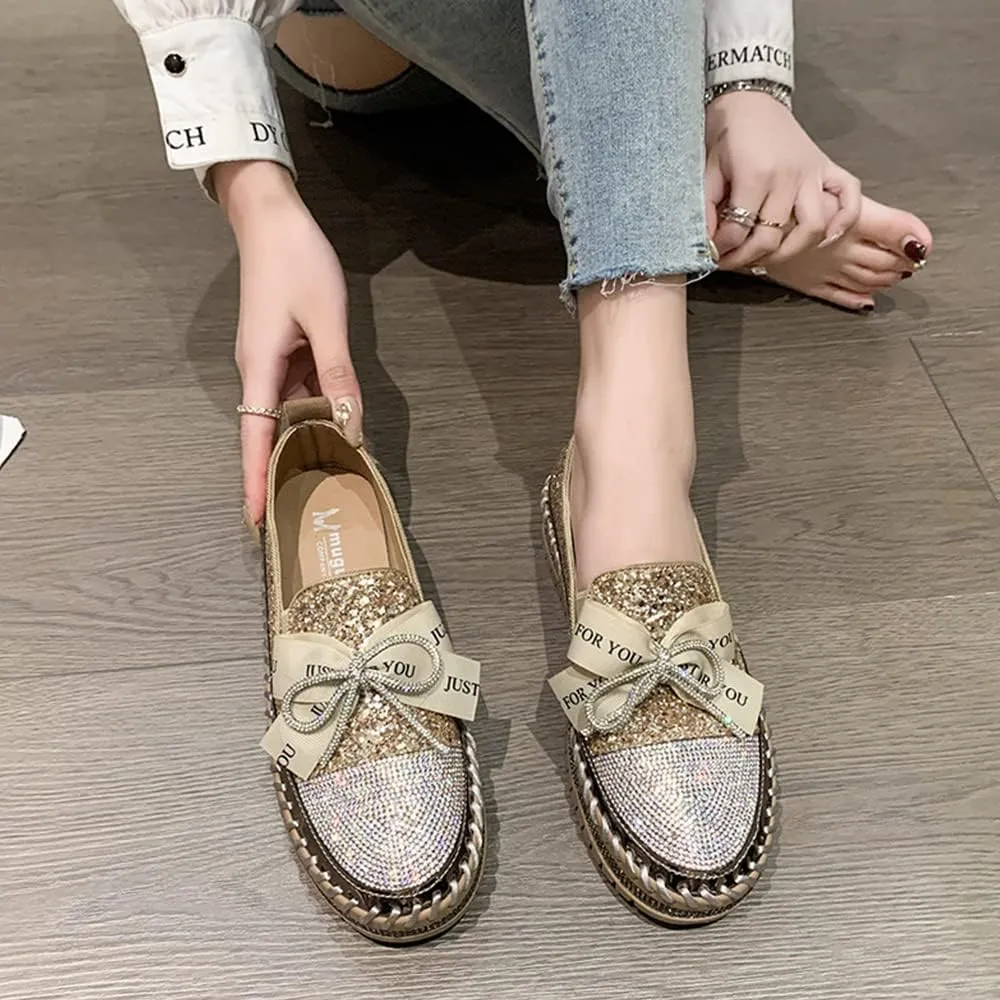 Women's Fashion Rhinestone Slip On Sneakers Casual Comfort Platform Walking Shoes Cute Bowknot Glitter Bling Loafers