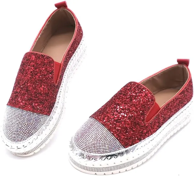 Women's Fashion Rhinestone Slip On Sneakers Casual Comfort Platform Walking Shoes Cute Bowknot Glitter Bling Loafers