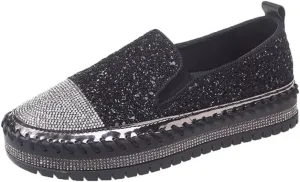 Women's Fashion Rhinestone Slip On Sneakers Casual Comfort Platform Walking Shoes Cute Bowknot Glitter Bling Loafers