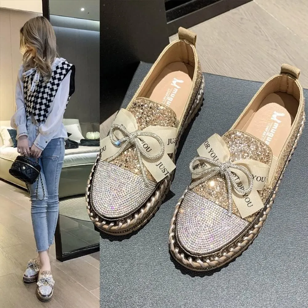 Women's Fashion Rhinestone Slip On Sneakers Casual Comfort Platform Walking Shoes Cute Bowknot Glitter Bling Loafers