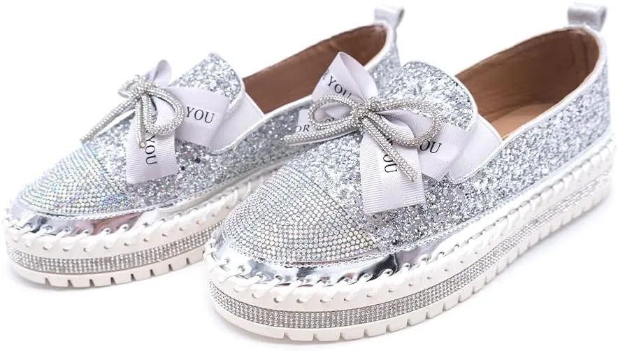 Women's Fashion Rhinestone Slip On Sneakers Casual Comfort Platform Walking Shoes Cute Bowknot Glitter Bling Loafers