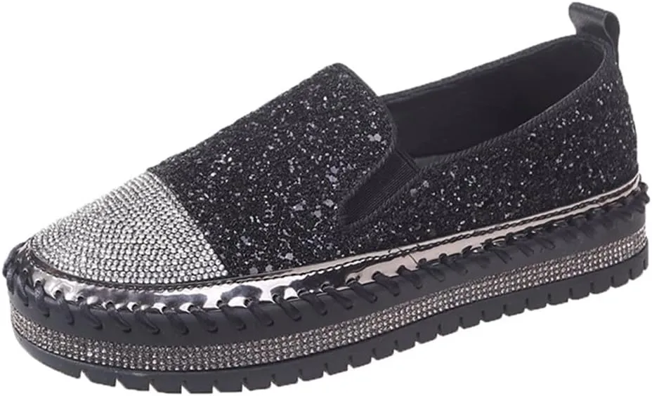 Women's Fashion Rhinestone Slip On Sneakers Casual Comfort Platform Walking Shoes Cute Bowknot Glitter Bling Loafers