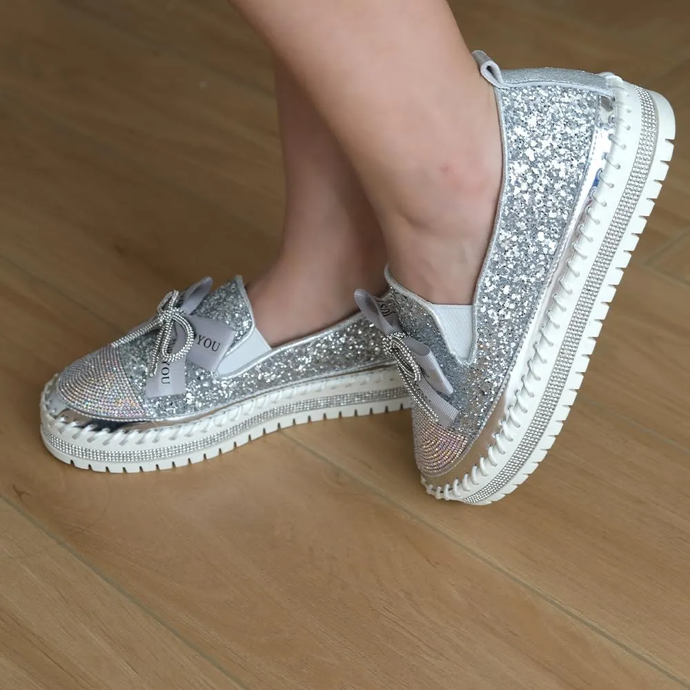 Women's Fashion Rhinestone Slip On Sneakers Casual Comfort Platform Walking Shoes Cute Bowknot Glitter Bling Loafers