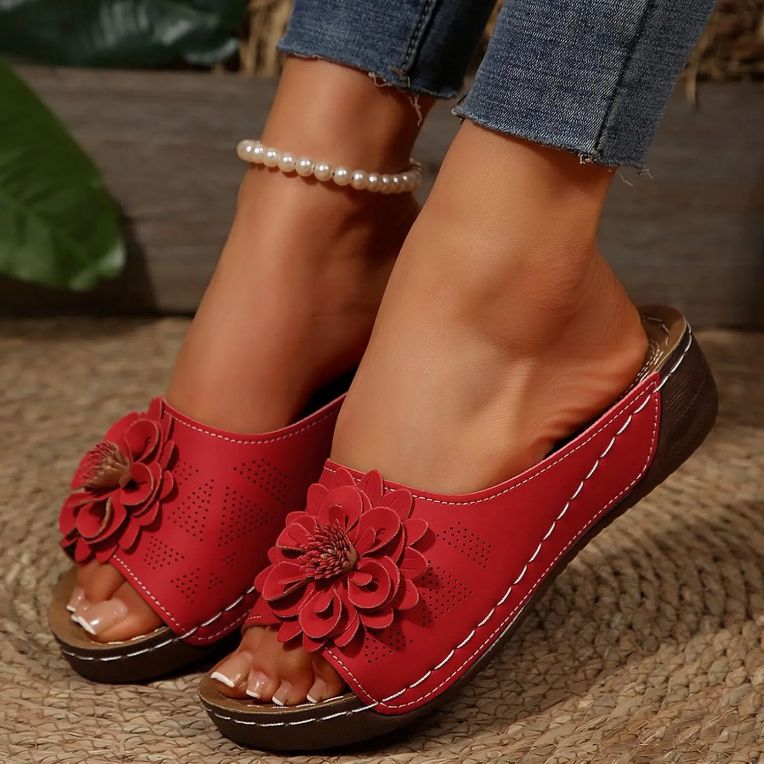 Women's Floral Embellished Wedge Slipper Orthopedic Solid Open Toe Sandal Platform Arch Support Slide Slip on Sandals