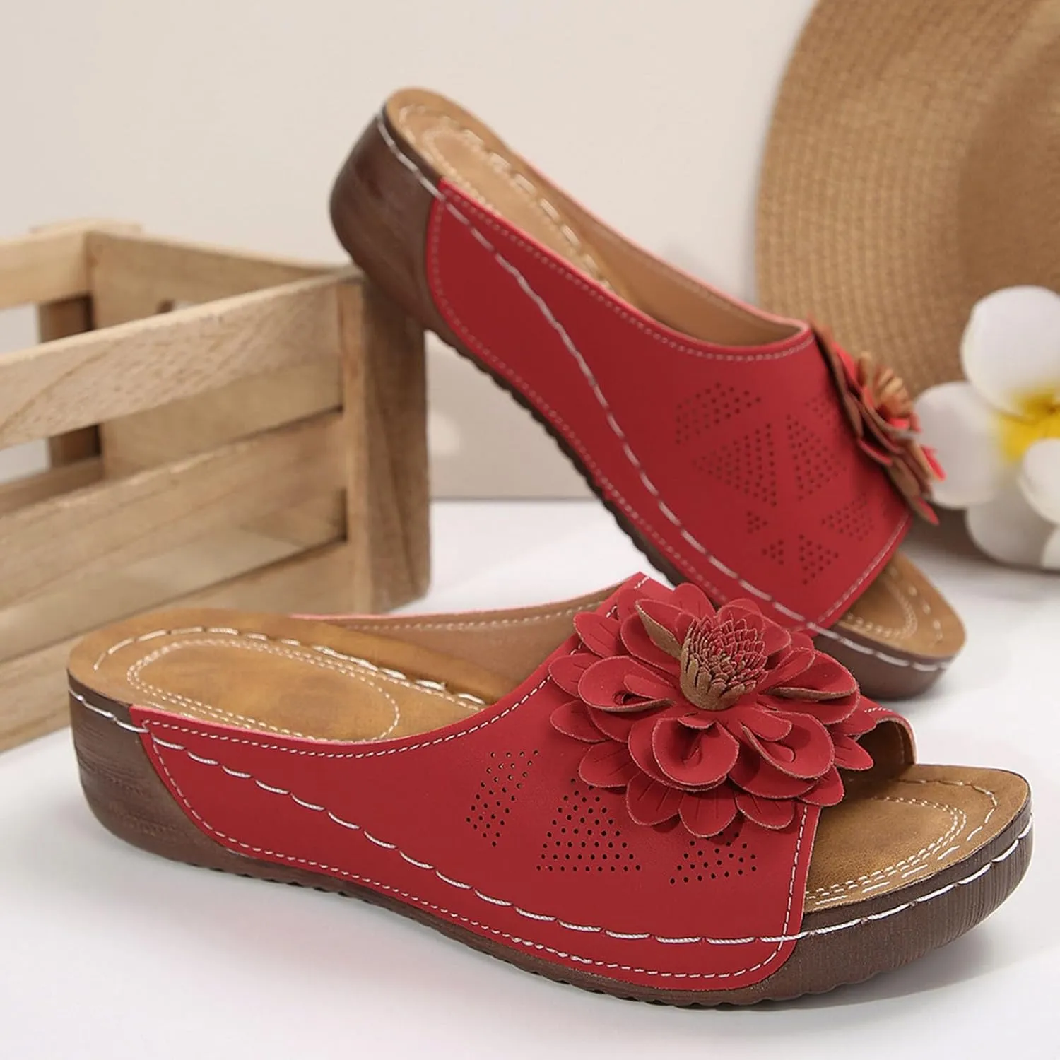 Women's Floral Embellished Wedge Slipper Orthopedic Solid Open Toe Sandal Platform Arch Support Slide Slip on Sandals