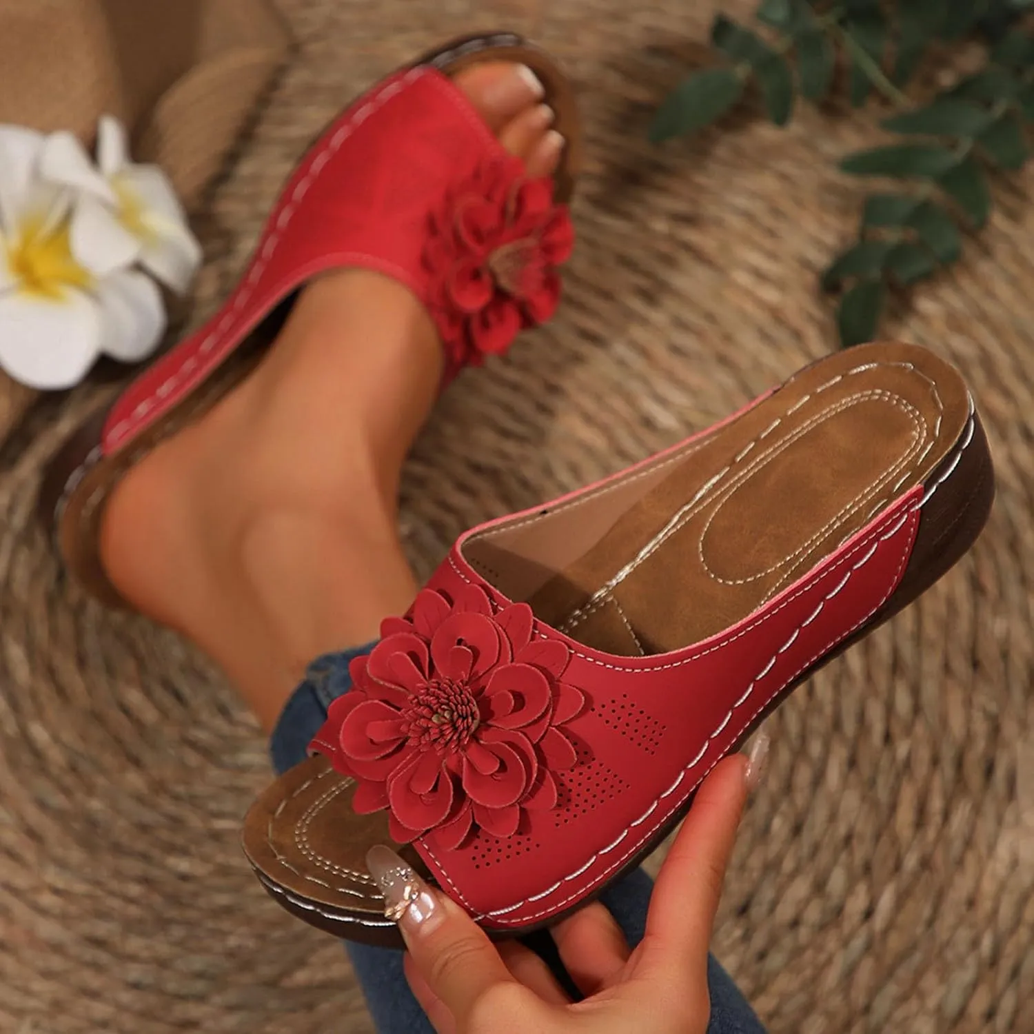 Women's Floral Embellished Wedge Slipper Orthopedic Solid Open Toe Sandal Platform Arch Support Slide Slip on Sandals