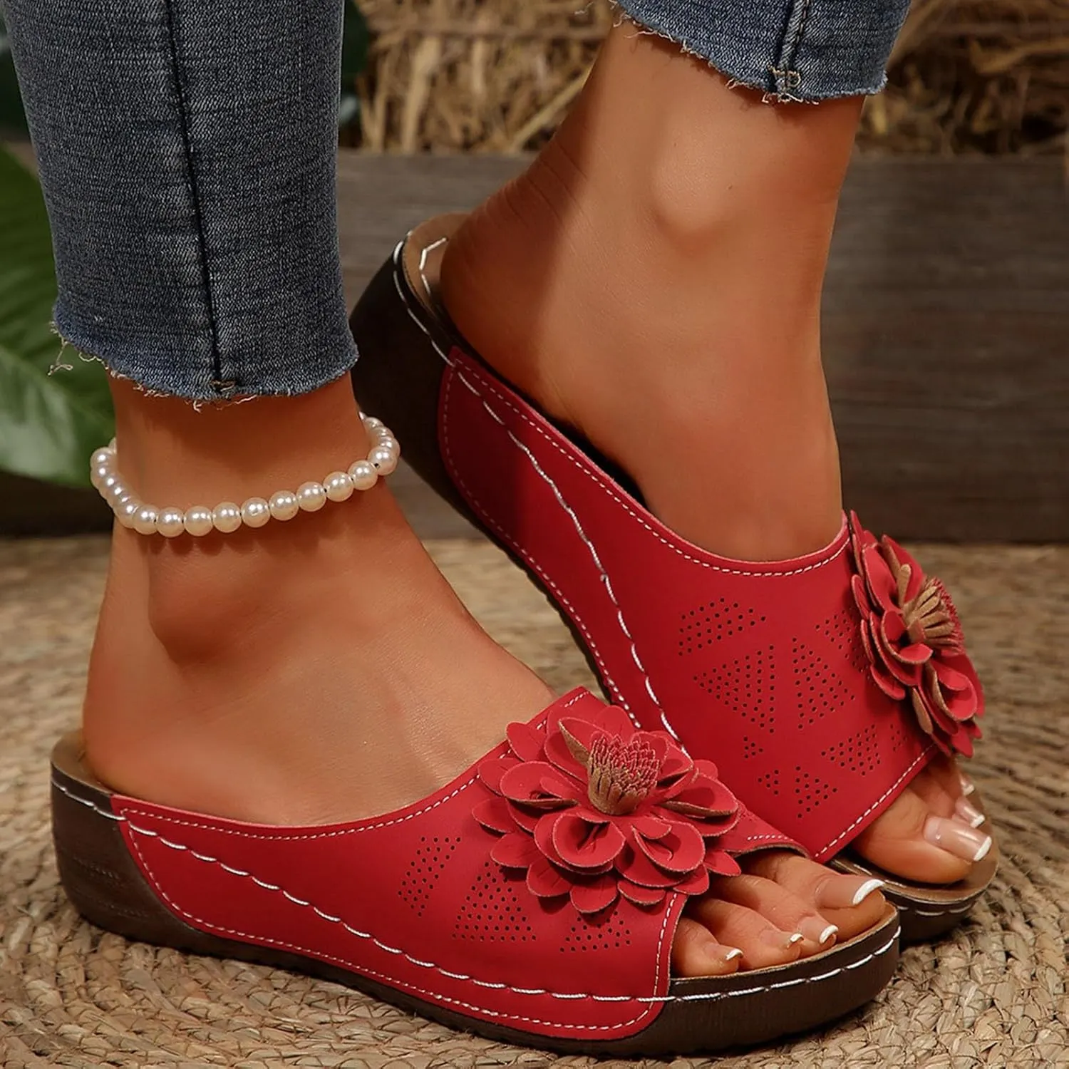 Women's Floral Embellished Wedge Slipper Orthopedic Solid Open Toe Sandal Platform Arch Support Slide Slip on Sandals